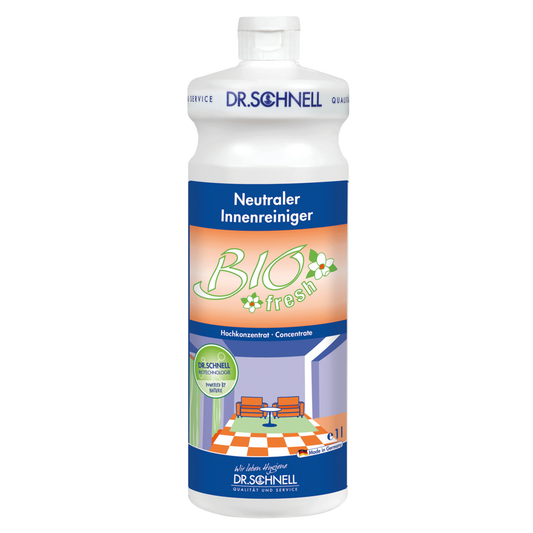 Eine weiße 1L Flasche DR.SCHNELL BIOFRESH Probiotischer Geruchstilger für Gebäudereinigung und Raumfrische von DR.SCHNELL GmbH & Co. KGaA, mit blau-orangem Etikett und Innenraumgrafik - ideal für dauerhafte Frische.