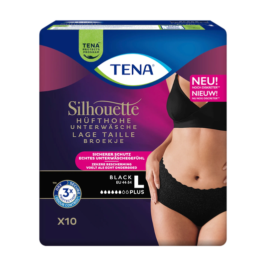 Abgebildet ist eine Packung TENA Silhouette Normal Noir Inkontinenzslips von TENA - Essity Germany GmbH, die 10 hochtaillierte Slips in Größe L für Frauen mit Blasenschwäche enthält. Die Verpackung zeigt den Mittelteil einer Frau, die das Produkt trägt.