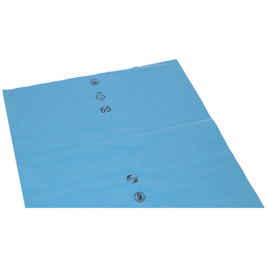 Die DEISS 10103 (700x1100x0,15 mm) von EMIL DEISS KG ist eine blaue, flache Kunststoff-Abfallentsorgungsfolie mit 3 Ventilöffnungen und schwarz aufgedruckten Symbolen (Recycling-Logo, "LDPE", "65"), ähnlich den blauen Müllsäcken. Verpackt in Kartons zu 50 Stück.