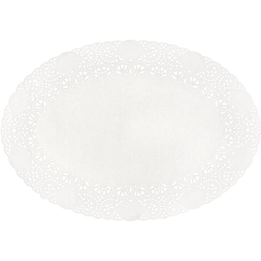 Das ovale weiße Papierdeckchen Tortenspitzen oval 17x24 cm von Duni GmbH (Packung 250 Stück) hat einen dekorativen Spitzenrand und eine glatte Mitte - perfekt zum Verzieren von Torten und Gebäck. Abgebildet auf weißem Hintergrund.
