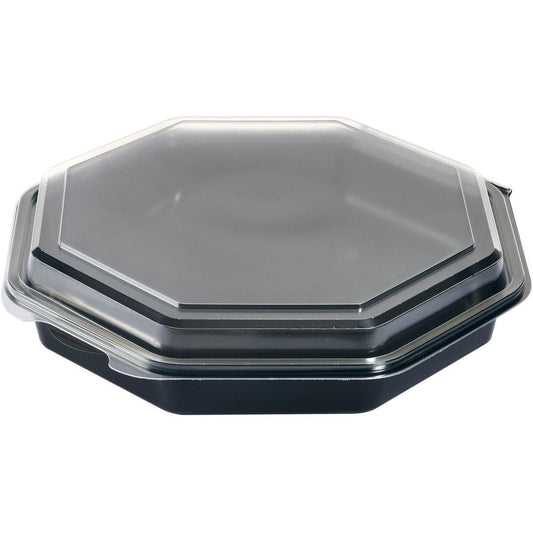 Ein Duni GmbH Octaview® Schwarz/Transparent Takeout-Behälter (230x230x50 mm, hochwertige PS-Platte) mit klarem, aufgesetztem Deckel ist in der schrägen Draufsicht vor weißem Hintergrund dargestellt. Packung: 190 Stück.