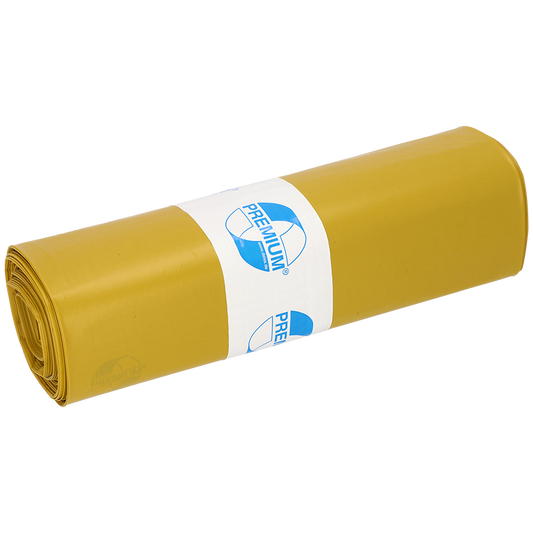 Eine Rolle EMIL DEISS KG (GmbH + Co.) DEISS 13004 Müllsäcke (700x1100x0,07 mm, gelb, 25 Stück) ist mit einem weißen Etikett mit blauem Text und Logo versehen. Der schlichte weiße Hintergrund hebt diese Säcke für eine einfache Abfallentsorgung hervor.