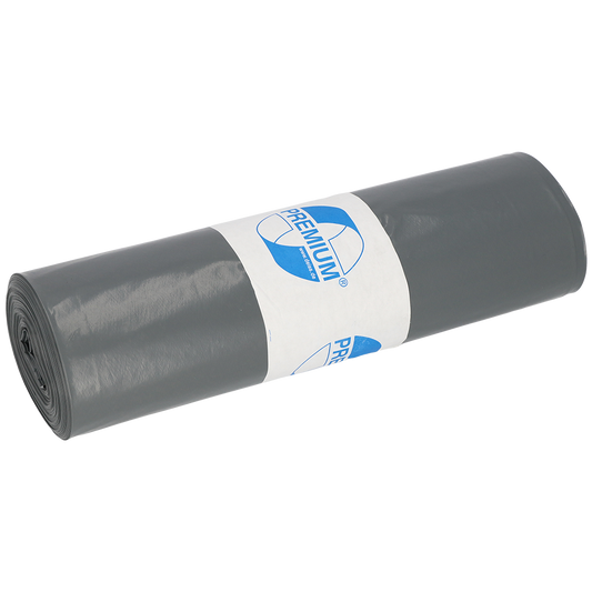 Abgebildet ist eine Rolle DEISS Müllsäcke 575x1000x0,05 mm aus Recycling-LDPE 70 l der EMIL DEISS KG (GmbH + Co.), umwickelt mit einem weißen Etikett mit blauem "PREMIUM"-Logo, vor weißem Hintergrund.