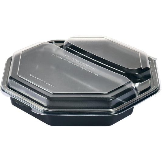Der Octaview® 2 von Duni GmbH ist ein schwarzer Lebensmittelbehälter (PS, 230x230x50 mm) mit transparentem Schnappdeckel, zwei Fächern und modernem Design. Ideal für den Einsatz in der Gastronomie. Wird in Packungen zu 170 Stück geliefert. Abgebildet auf weißem Hintergrund.