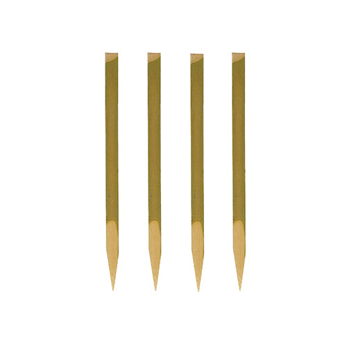 Vier PAPSTAR Fingerfood-Spieße (11 cm, Naturholz) der PAPSTAR GmbH sind vor weißem Hintergrund senkrecht angeordnet - jeweils mit spitzem Ende und flacher Oberseite. Perfekt für Partys, sind diese 200-teiligen Tabletts nachhaltig und biologisch abbaubar.