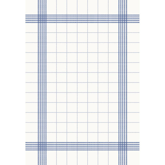 Das Duni GmbH Tisch-Tuch 38x54 cm, blau hat einen weißen Hintergrund mit einem blau karierten Rand und einem Gittermuster. Diese hochwertige Tafel-Serviette wird in einer Packung mit 250 Stück geliefert und bietet gleichmäßig verteilte, symmetrische Gestaltungselemente.