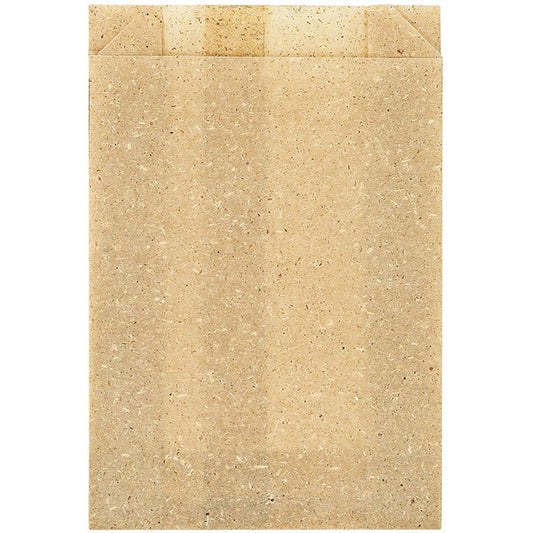 Eine hellbraune Graspapier-Tüte, Bloom Mini 175x120 mm von Duni GmbH, steht vor weißem Hintergrund. Die gesprenkelte Struktur und offene Oberseite machen sie ideal als nachhaltige Einkaufstüte oder Geschenkverpackung. Packung mit 500 Stück.