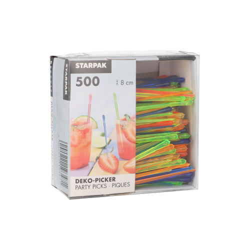 Die Schachtel "PAPSTAR Deko-Picker 'Drop' 8 cm, farbig sortiert für Feste" der PAPSTAR GmbH enthält 500 farbenfrohe Party-Picker in einer Pappschale - ideal zum Dekorieren von Getränken und Fingerfood auf jeder Feier.