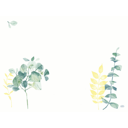 Ein minimales Aquarelldesign mit grünen und gelben Blattakzenten unterstreicht die Dunicel-Sets 30x40 cm Spire von Duni GmbH-100 Premium-Tischdeko, die sich ideal als Tischdeko für elegante Einrichtungen eignet.