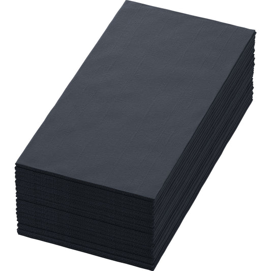 Ein Stapel Duni GmbH Zellt.Serv.40x40 3lg 1/8 BF schwarz, hochwertige schwarze Servietten (40x40 cm, 3-lagig, Packung mit 250), liegt sauber gefaltet und unbenutzt vor weißem Hintergrund.