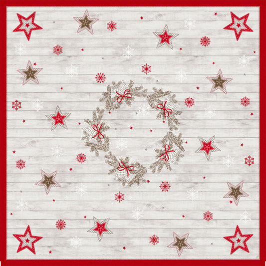 Die Dunicel-Mitteldecke 84x84cm Cozy Winter von Duni GmbH zeigt einen Kranz aus Zweigen und roten Schleifen, mit roten und beigen Sternen und Schneeflocken auf hellem Holzgrund. Ideale Festtagsdekoration, erhältlich in Packungen mit 20 Stück.
