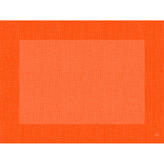 Ein rechteckiges Bild mit sich kreuzenden Linien, einem dunkleren orangefarbenen Rand und einem helleren orangefarbenen Zentrum - das passt zu den stilvollen Bio-Dunicel-Sets 30x40 Linnea sun orange der Duni GmbH: hochwertige, biologisch abbaubare Tischsets (100 Stück).