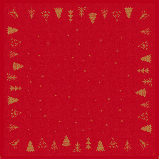 Die Bio-Dunicel-Mitteldecke 84x84cm Shimmer Trees von Duni GmbH hat ein rotes, quadratisches Design mit goldenen Weihnachtsbaumrändern und verstreuten goldenen Sternen - perfekt für eine umweltfreundliche Festtagstischdecke. Packung: 20 Stück.