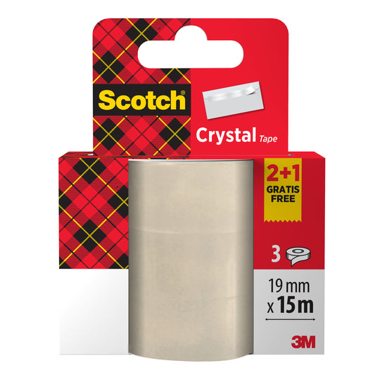 Scotch® Crystal Klebeband von 3M, Aktionspackung mit drei Rollen (2+1 gratis), je 19 mm x 15 m, im roten Tartanmuster-Karton mit 3M-Logo.