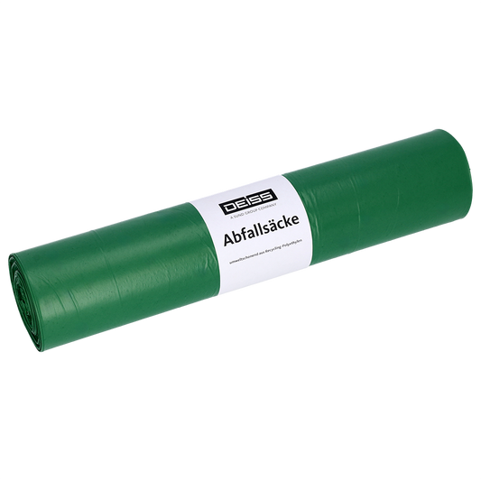 Eine Rolle grüner EMIL DEISS KG (GmbH + Co.) Müllsäcke mit der Aufschrift "DEISS 22070 - 700x1100 mm Typ 60 grün | Rolle (25 Stück)" ist auf einem einfarbig weißen Hintergrund mit weißem Etikett und Logo abgebildet.