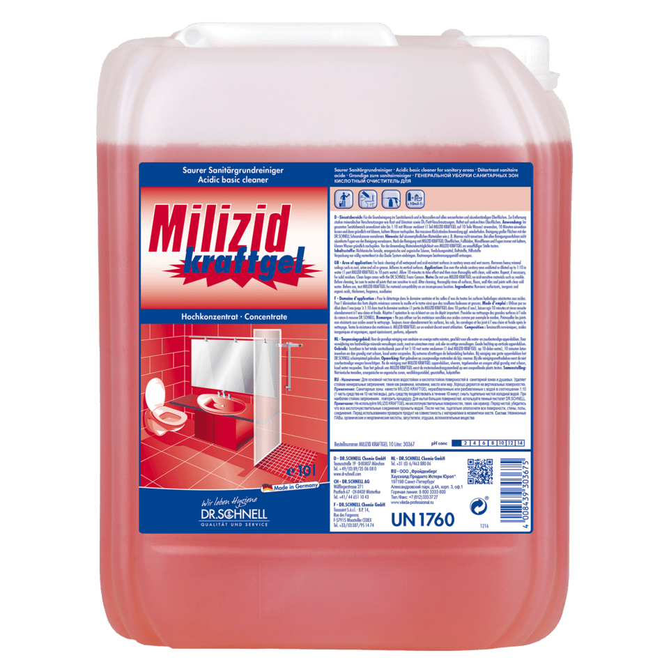 Un grande contenitore in plastica trasparente di Dr. Schnell Detergente per sanitari MILIZID Kraftgel (acido, per la pulizia profonda) della DR.SCHNELL GmbH & Co. KGaA, contenente un liquido rosso e corredato di istruzioni in lingua tedesca per la rimozione dei depositi minerali.
