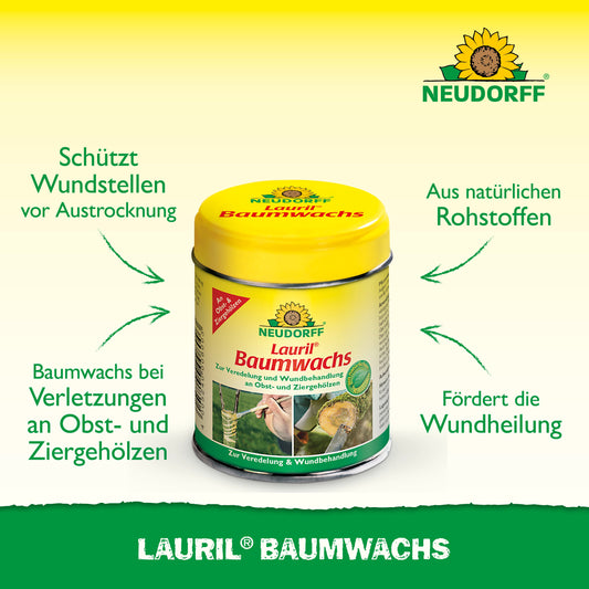 Abgebildet ist ein gelb-grüner "Lauril Baumwachs"-Behälter von Neudorff Shop. Dieses Pflanzenwachs schützt und heilt Obstbäume. Der deutsche Text hebt die natürlichen Inhaltsstoffe hervor.
