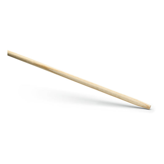 Ein einzelner Nölle Profi Brush Hartholz-Gerätestiel (140 cm, Ø 28 mm, Besenkonus) von Nölle Profi Brush Bürsten- & Pinseltechnik e.K. liegt schräg auf weißem Grund und ist an einem Ende leicht spitz.