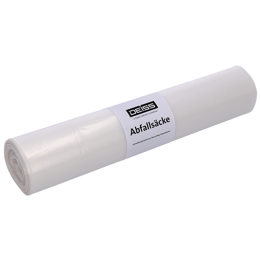 Eine weiße Rolle der EMIL DEISS KG (GmbH + Co.) DEISS 59024 - 620x720 mm transparenter Müllbeutel, Packung mit 50 Stück, liegt auf hellem Untergrund. Das Etikett zeigt den Markennamen und die Produktbeschreibung auf Deutsch.