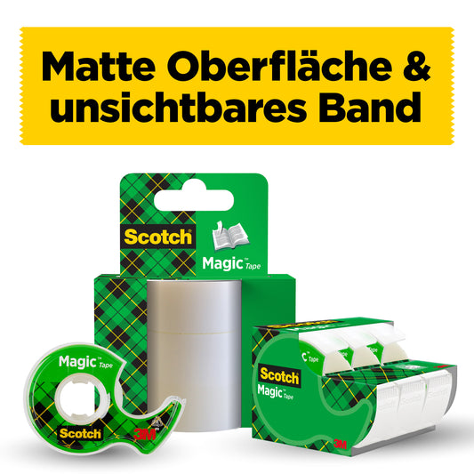 Eine Packung der 3M Deutschland GmbH enthält ein Scotch® Magic™ Unsichtbares Klebeband (19 mm x 7,5 m) mit einem Handabroller. Die Verpackung zeigt ein grün kariertes Design und ein gelbes Banner mit der Aufschrift "Matte Oberfläche & unsichtbares Band".
