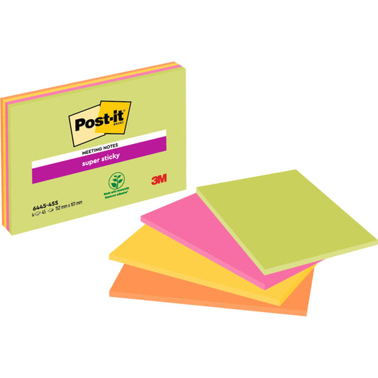 Eine Packung Post-it® Super Sticky Notes im Großformat von 3M Deutschland GmbH, 4 quadratische Blöcke in verschiedenen Farben, mit je 45 Blatt und 100% PEFC-Zertifizierung.