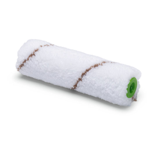 Eine Nölle Profi Brush Microfaser Kleinflächenwalze 10 cm, 9 mm Florhöhe von Nölle Profi Brush Bürsten- & Pinseltechnik e.K., ideal für die Kleinflächenmalerei, mit zwei braunen Streifen und grünem Ende, auf weißem Grund.