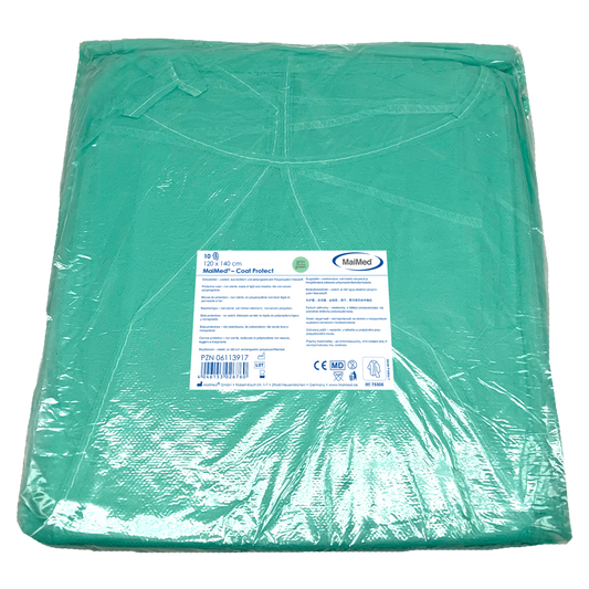 MaiMed-Coat Protect, camice protettivo in pile, verde non sterile, polsini elastici, lunghezza 120 cm, 10 pezzi | Confezione (10 pezzi)
