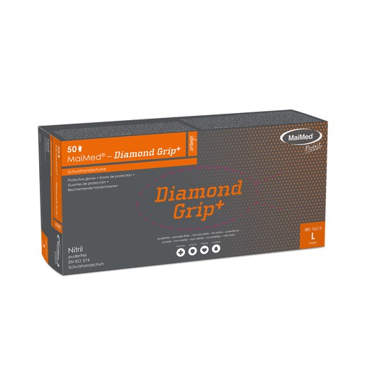 Guanto in nitrile MaiMed-Diamond Grip+ arancione, non sterile, privo di lattice