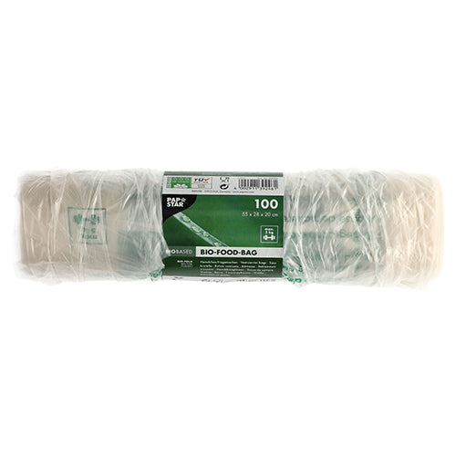 Eine Rolle mit 100 PAPSTAR Hemdchen-Tragetaschen aus transparenter Bio-Folie (Knotenbeutel) ist in Folie verpackt und trägt ein grünes und weißes Etikett mit Produktdetails sowie umweltfreundlichen Symbolen.