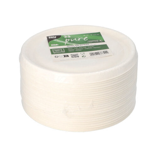 Ein 25er-Pack weißer Deckel der PAPSTAR GmbH für Zuckerrohrschalen „pure“, Ø 17 cm, 1,2 cm hoch, aus umweltfreundlichem Material und in Folie verpackt mit grün-weißem Etikett.