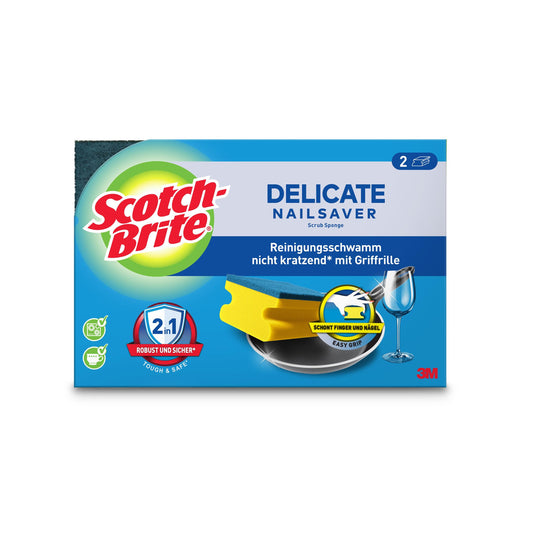 Eine Packung 3M Deutschland GmbH Scotch-Brite® Delicate nicht kratzender Griffschwamm (2 Stück), mit ergonomisch geformten, nagelschonenden Schwämmen für eine sanfte Reinigung ohne Kratzer.