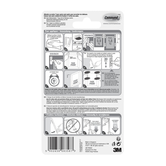 Auf der Rückseite der Command™ Bilder-Montage Strips S, schwarz, 17202BLK (1 Stück) von 3M Deutschland GmbH befinden sich eine bebilderte Anleitung, Sicherheitshinweise in mehreren Sprachen, ein Barcode sowie das Command- und 3M-Branding.