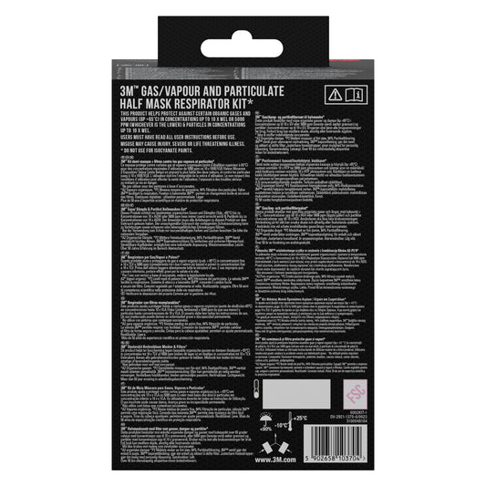 Rückseite einer 3M™ Filtersatz 6002-1SP, A2P2 organische Dämpfe (1 Stück) Verpackung der 3M Deutschland GmbH, mit Produktdetails, Anweisungen, Warnhinweisen, Symbolen, Strichcodes und dem 3M Logo auf schwarzem, strukturiertem Hintergrund.