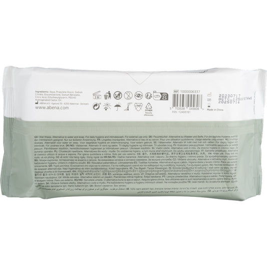 Auf der Rückseite einer Packung der Abena Re-Seller GmbH Feuchtpflegetücher (80 Paare, 18x20 cm, Weiß, mit Klebeverschluss) sind Inhaltsstoffe, Verwendungshinweise, Entsorgungssymbole, Barcode, Herstellungsinformationen, Verfallsdaten und mehrsprachiger Text aufgeführt.