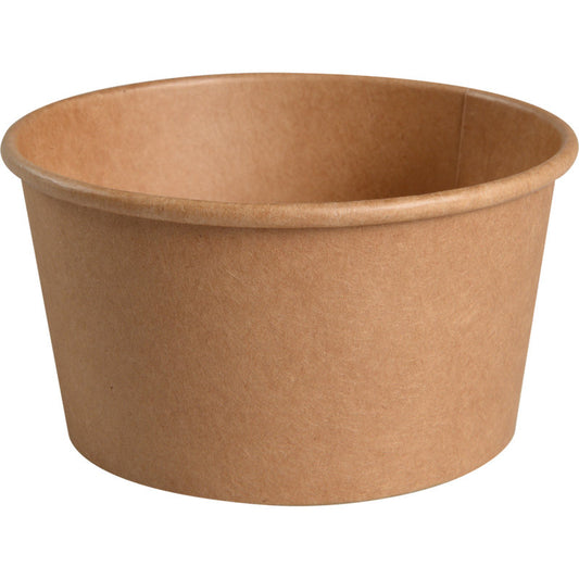 Die Abena Re-Seller GmbH Schale, 400 ml, ø 11,5 cm aus Kraft/PE in Braun wird als Packung mit 50 Stück gezeigt; die umweltfreundliche Schale hat eine glatte Oberfläche und leicht ausgestellten Rand.