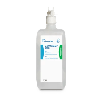 Una bottiglia trasparente da 1 litro di disinfettante per le mani Dr. Schumacher Aseptoman® med della Dr. Schumacher GmbH, con etichetta bianca e scritte blu, dotata di tappo bianco e erogatore nella parte superiore.