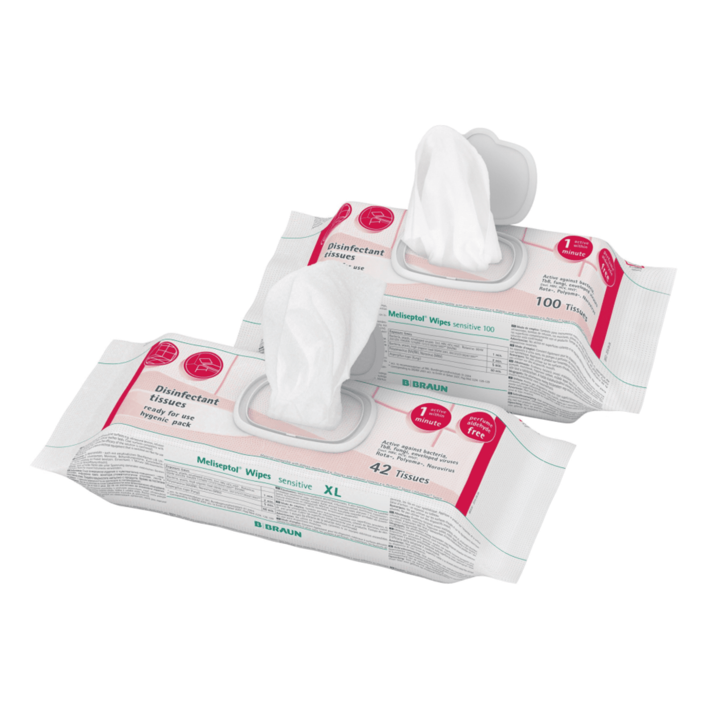Sono disponibili due confezioni B. Braun Salviettine disinfettanti Meliseptol® Wipes sensitive. La prima confezione, offerta da B. Braun Deutschland GmbH & Co. KG: la confezione contiene 100 salviette, mentre la seconda confezione, contrassegnata con la sigla XL, ne contiene 42. Entrambe le confezioni sono bianche e recano scritte e loghi stampati. Ideali per una disinfezione rapida, ogni confezione presenta una salvietta parzialmente estratta per facilitarne l’accesso.