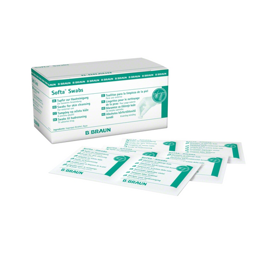 Die B. Braun Softa® Swabs Alkoholtupfer Packung (100 Stück) von B. Braun Deutschland GmbH & Co. KG enthält einzeln verpackte Tupfer zur Hautreinigung. Die grün-weiße Verpackung enthält mehrsprachigen Text, perfekt für die Verwendung von Isopropylalkohol-Tupfern.