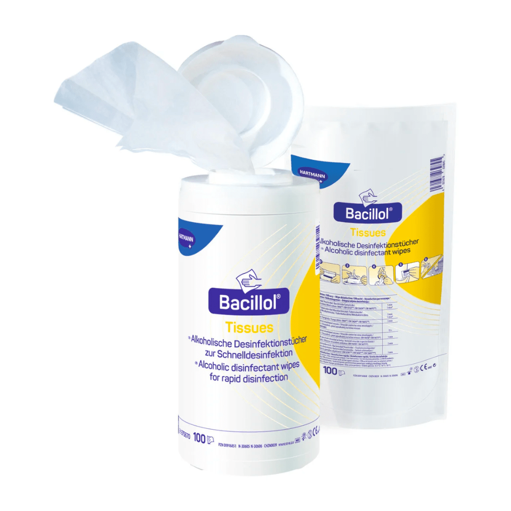 Una confezione di salviettine disinfettanti alcoliche BODE Bacillol® AF Tissues con il coperchio aperto e una salviettina parzialmente estratta, accanto alla confezione del prodotto con le istruzioni per l’uso e l’indicazione del contenuto. Marchio: Paul Hartmann AG