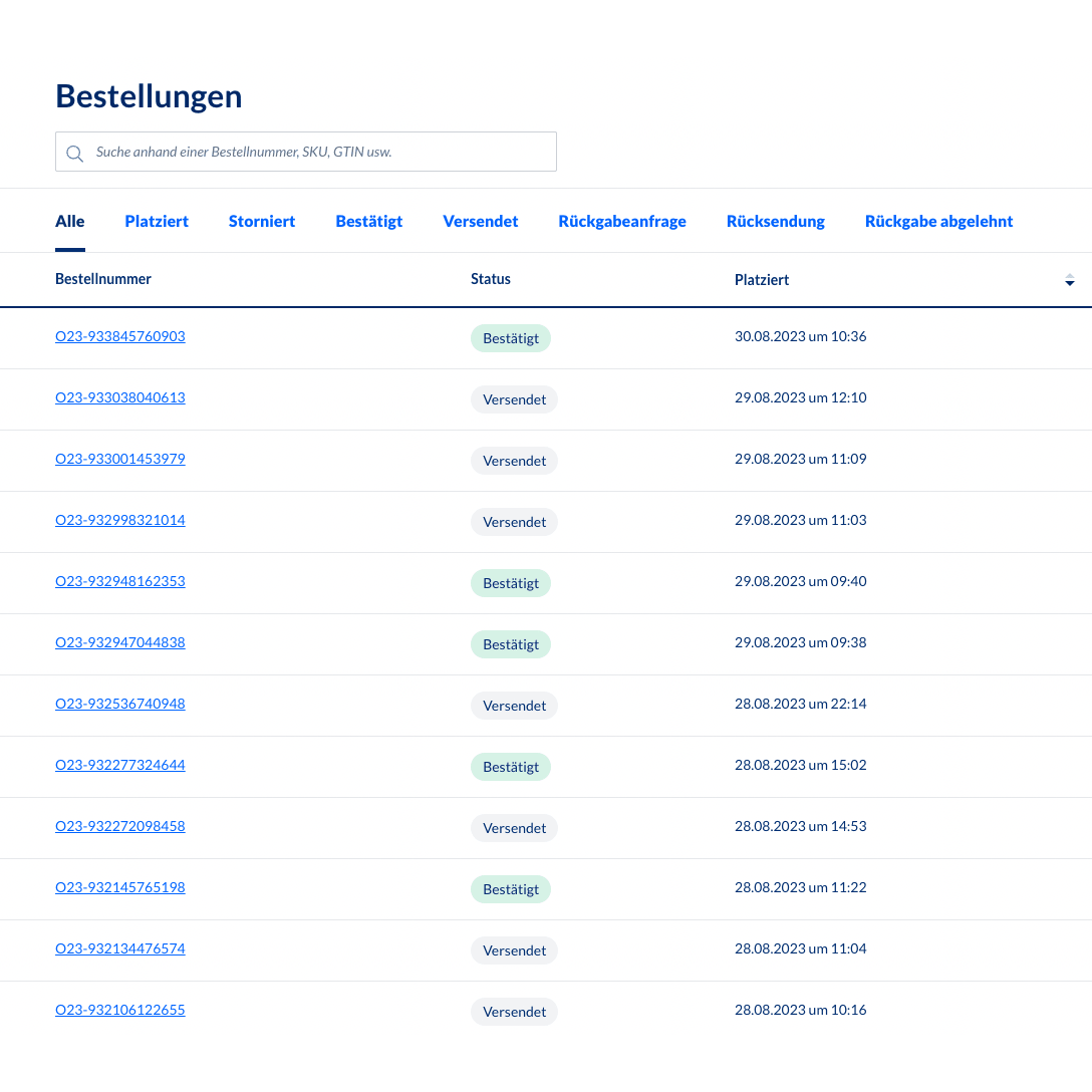 Uno screenshot del sistema di gestione degli ordini backend Altruan MetroSync: Metro Market to Weclapp trattamento degli ordini, che mostra una tabella con numeri d'ordine e aggiornamenti di stato. Ogni riga contiene il numero d'ordine, lo stato, il SKU, la data e l'ora di creazione. La maggior parte degli stati mostra