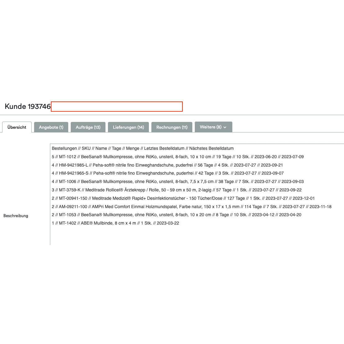 Uno screenshot che mostra un'interfaccia Altruan ClientView Orders con varie schede come "Panoramica", "Offerte" e altro. In alto è evidenziato il numero cliente 193746. La sezione seguente mostra la panoramica clienti Weclapp per prodotti acquistati.