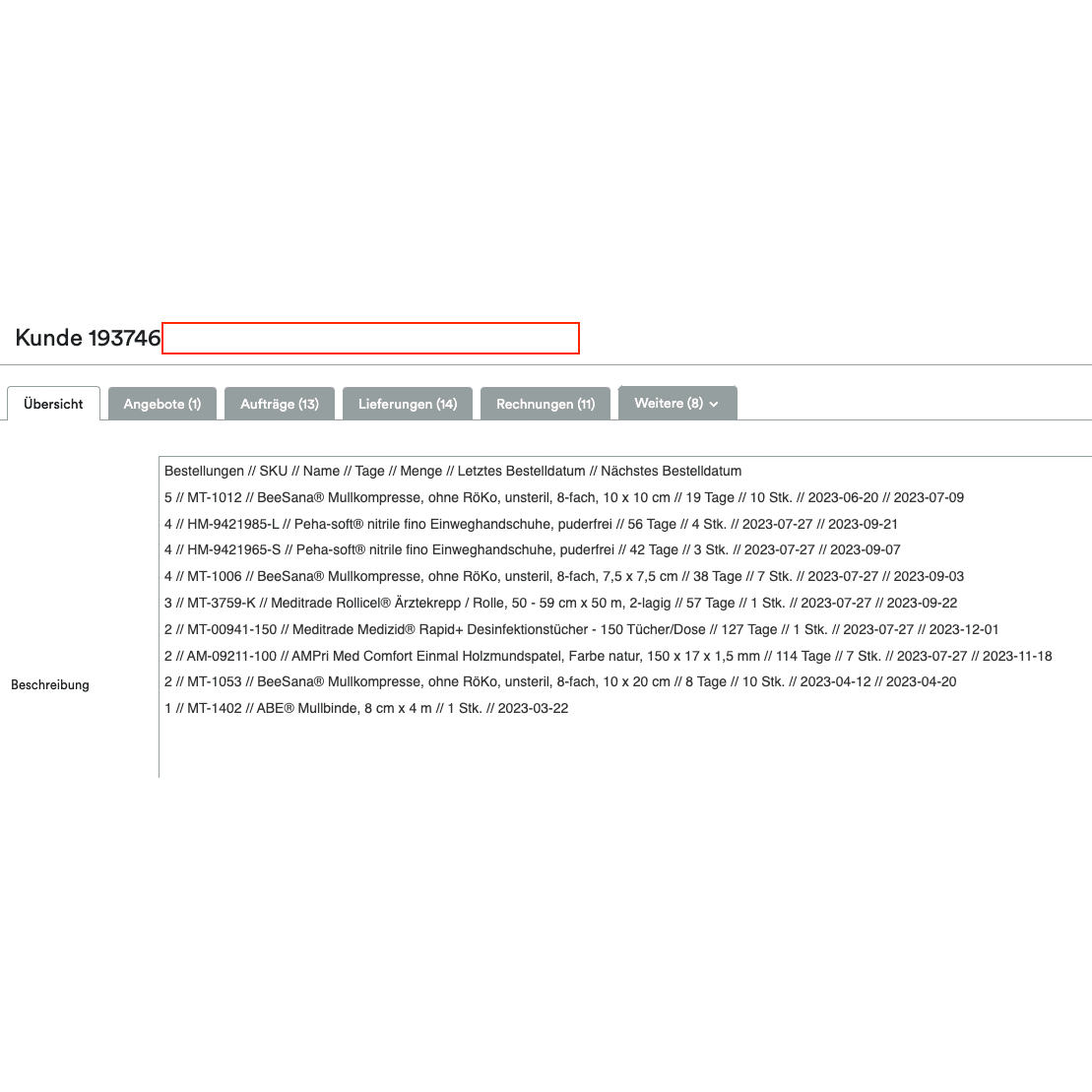 Uno screenshot che mostra un'interfaccia Altruan ClientView Orders con varie schede come "Panoramica", "Offerte" e altro. In alto è evidenziato il numero cliente 193746. La sezione seguente mostra la panoramica clienti Weclapp per prodotti acquistati.