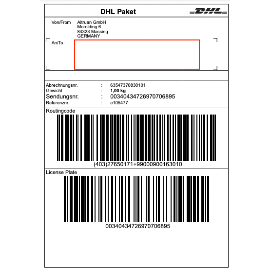 Un'etichetta DHL di Altruan GmbH (Morolding 6, 84323 Massing, Germania) contiene codici a barre e un peso di 1,00 kg con il numero di tracciamento 00340434276970706895. L'indirizzo del destinatario è vuoto per aggiornamenti tramite l'app PackMaster: Weclapp Logistik Packing App per migliorare l'efficienza delle etichette di spedizione.