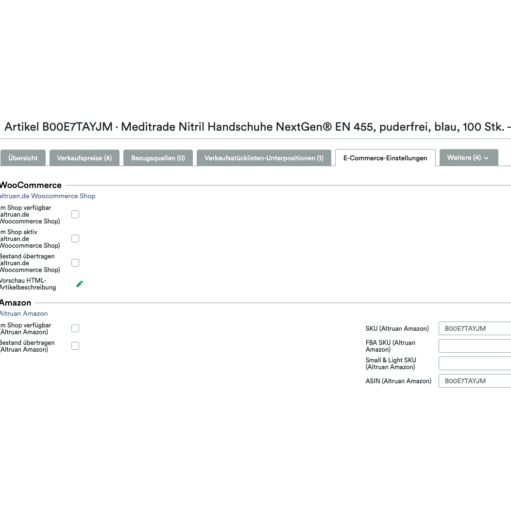 Screenshot di un'interfaccia Altruan UnitTable Sync: Weclapp Verpackungseinheiten und Stücklistengenerator che mostra i dettagli dell'elenco dei Meditrade Guanti in nitrile NextGen EN 455. Sono indicate dimensione e quantità. Sono visibili anche Marketplace-S.