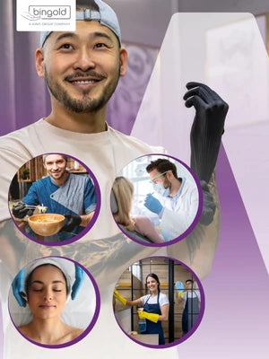 Werbung für Bingold Einweghandschuhe. Im Vordergrund lächelt ein junger Mann und zieht sich einen schwarzen Einweghandschuh über. Oben links ist das Bingold-Logo mit dem Zusatz ‚a KERN GmbH company‘ zu sehen. Vier runde Bildausschnitte zeigen verschiedene Anwendungsbereiche: eine Person beim Kochen, ein Zahnarzt bei der Behandlung, eine Frau bei einer kosmetischen Gesichtsbehandlung und eine Reinigungskraft bei der Arbeit. Der Hintergrund ist in lila Farbverlauf gestaltet.