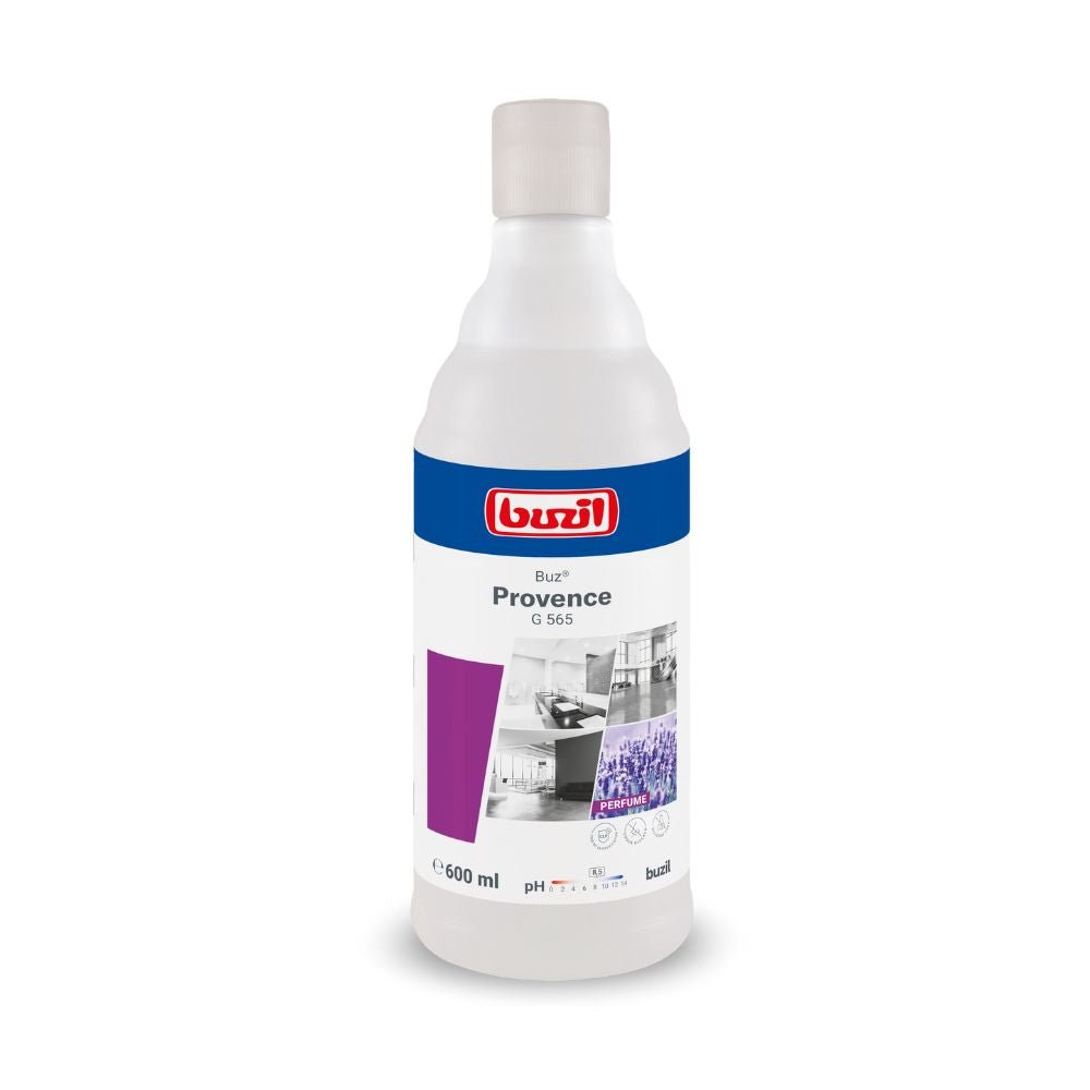 Una bottiglia da 600 ml di Buzil Air Provence G 565, spray per ambienti pronto all’uso prodotto dalla BUZIL-WERK Wagner GmbH & Co. KG, dotata di un’etichetta bianca e blu recante il logo del marchio, il nome del prodotto e immagini di interni puliti.
