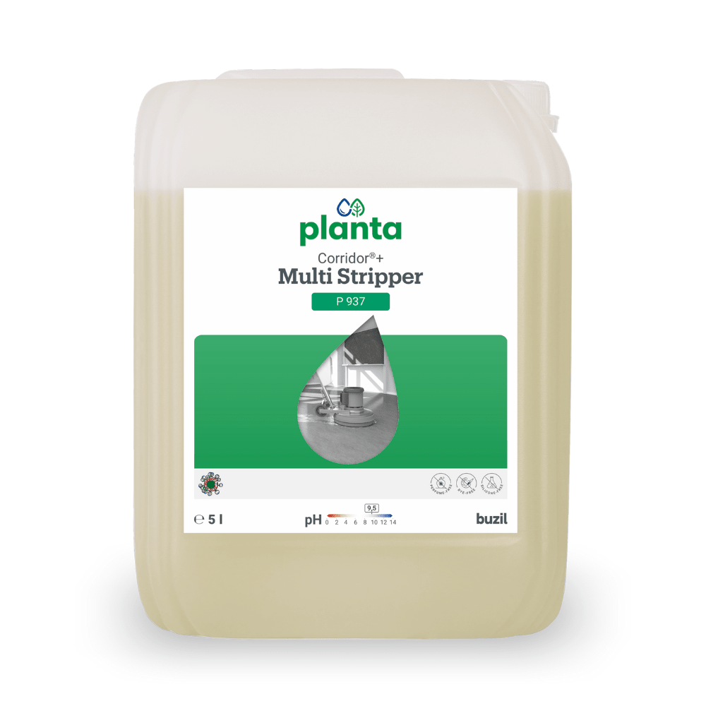 Un contenitore da 5 litri contenente Buzil Corridor® Power Stripper P 937, una soluzione detergente universale ad alte prestazioni per la pulizia dei pavimenti prodotta da BUZIL-WERK Wagner GmbH & Co. KG. L’etichetta è di colore verde e bianco e presenta una piccola illustrazione relativa alla pulizia dei pavimenti, un indicatore del valore del pH e il logo Buzil, che ne attesta la compatibilità con i materiali.