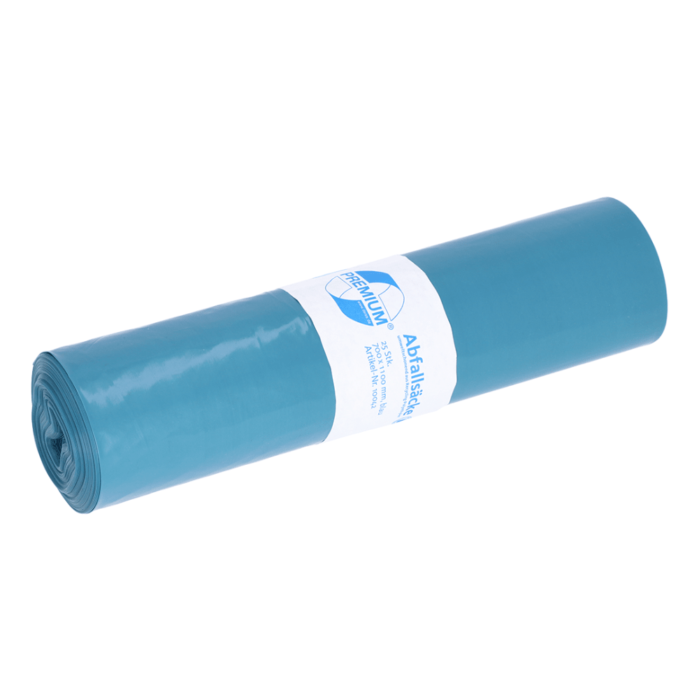 Un rotolo compatto di sacchi della spazzatura blu realizzati in materiale riciclato da EMIL DEISS KG (GmbH + Co.). Ogni sacco presenta al centro un’etichetta bianca con testo e logo ed è progettato per contenere fino a 120 litri di rifiuti.