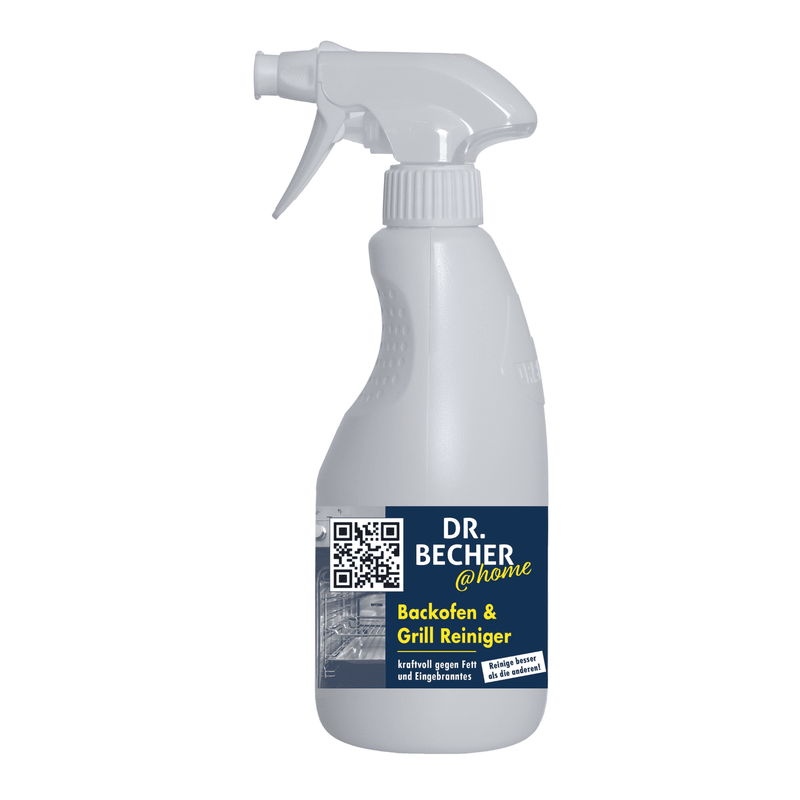 Un flacone spray bianco con la scritta «DR.BECHER @home "Detergente per forni e griglie | Flacone (500 ml)" e un codice QR sulla parte anteriore. Il testo sottolinea l'efficacia contro le incrostazioni ostinate, rendendo così il prodotto ideale per la pulizia di forni e griglie.