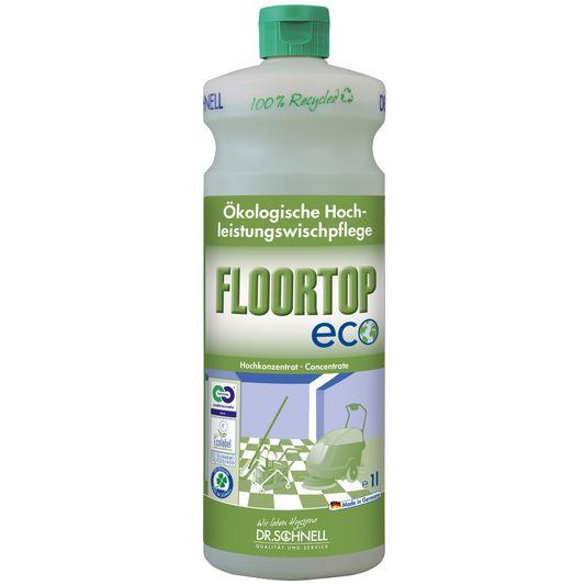 Eine Flasche Dr. Schnell Floortop Eco Bodenreiniger Konzentrat von DR.SCHNELL GmbH & Co. KGaA, ein ökologischer, hochwirksamer Reiniger für wasserfeste Böden, mit grünem Verschluss/Etikett und Recycling-Symbolen; hergestellt aus 100% Recyclingmaterial.